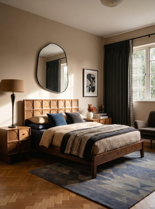 Matte black asymmetrical wall mirror above a wooden bed