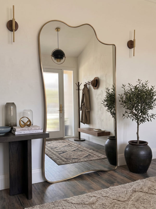 Champagne gold full-length asymmetrical mirror in a bright entryway