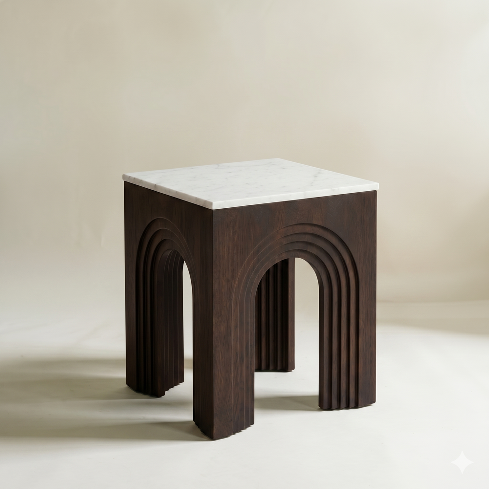 The Volta End Table – Dark Hardwood & Marble