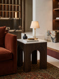 The Volta End Table – Dark Hardwood & Marble